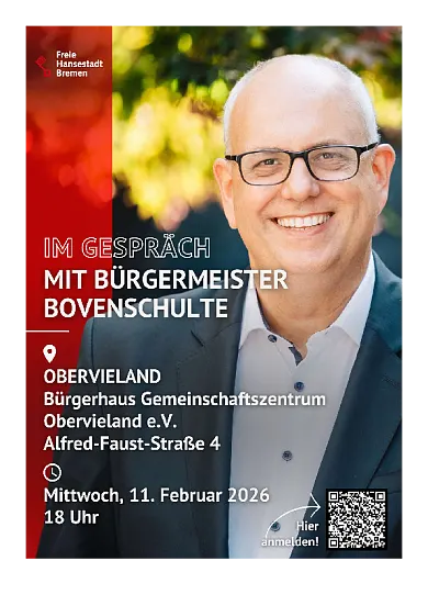 Einladung zur Bürgermeistersprechstunde am 11.02.2026 im Bürgerhaus Obervieland vorherige Anmeldung erwünscht über QR Code