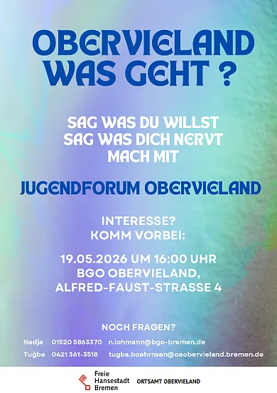 Einladung zur Infoveranstaltung Jugendofrum Obervieland am 19.05.2026 im BGO Obervieland, Alfred-Faust-Strasse 4