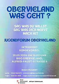 Einladung zur Infoveranstaltung Jugendofrum Obervieland am 19.05.2026 im BGO Obervieland, Alfred-Faust-Strasse 4